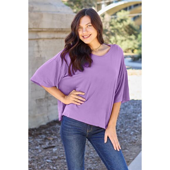 BASIC BAE Lavender Bamboo Round Neck Drop Shoulder Half Sleeve T-Shirt NEW - Picture 1 of 4